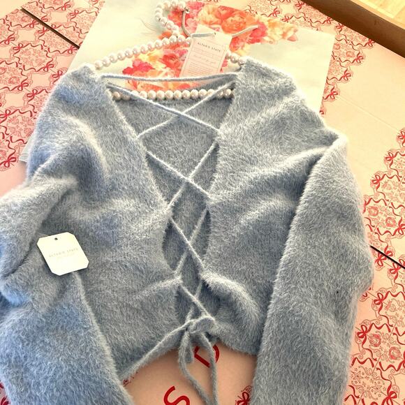 Altar’d state Everette Eyelash Lace Up light blue Sweater SzXL soft comfy feel - Picture 8 of 13